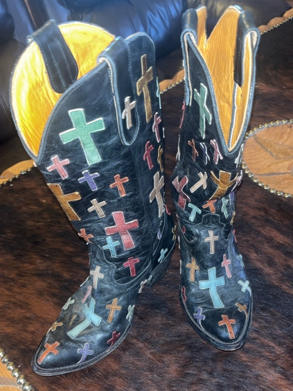 Old Gringo Black Leather Heeled Boots with Multicolor Cross Appliqués